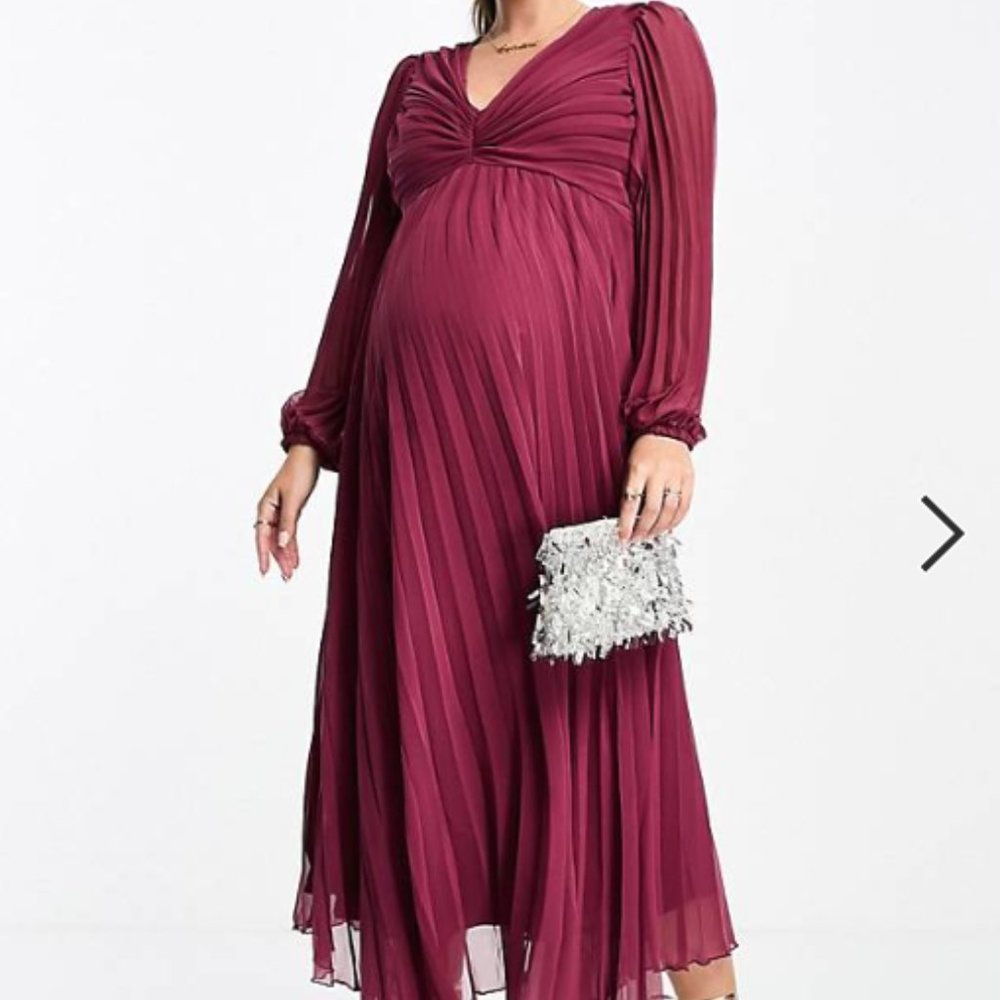 ASOS Maternity Long Sleeve Pleated Burgundy Midi Dress